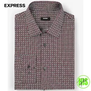 NWT Express Men's Black and Burgundy Red Geometric Button-Down Slim Fit Shirt